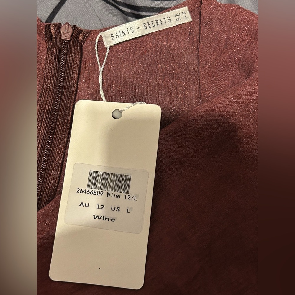 NWT Saints + Secrets Sz L Wine Sheer Ruffle Dress Cottagecore Whimsigoth Boho - Picture 8 of 8